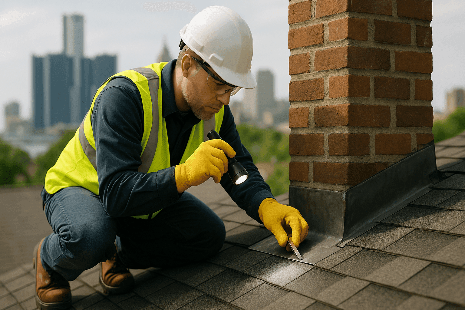 Technician inspecting chimney flashing for water leaks