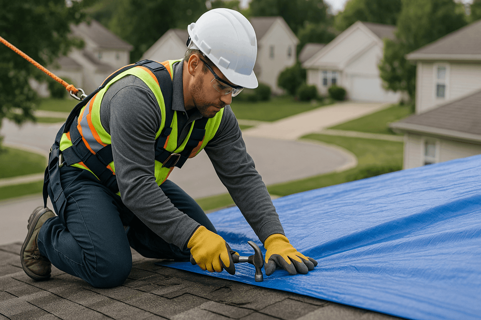 Technician securing emergency tarp on storm-damaged roof