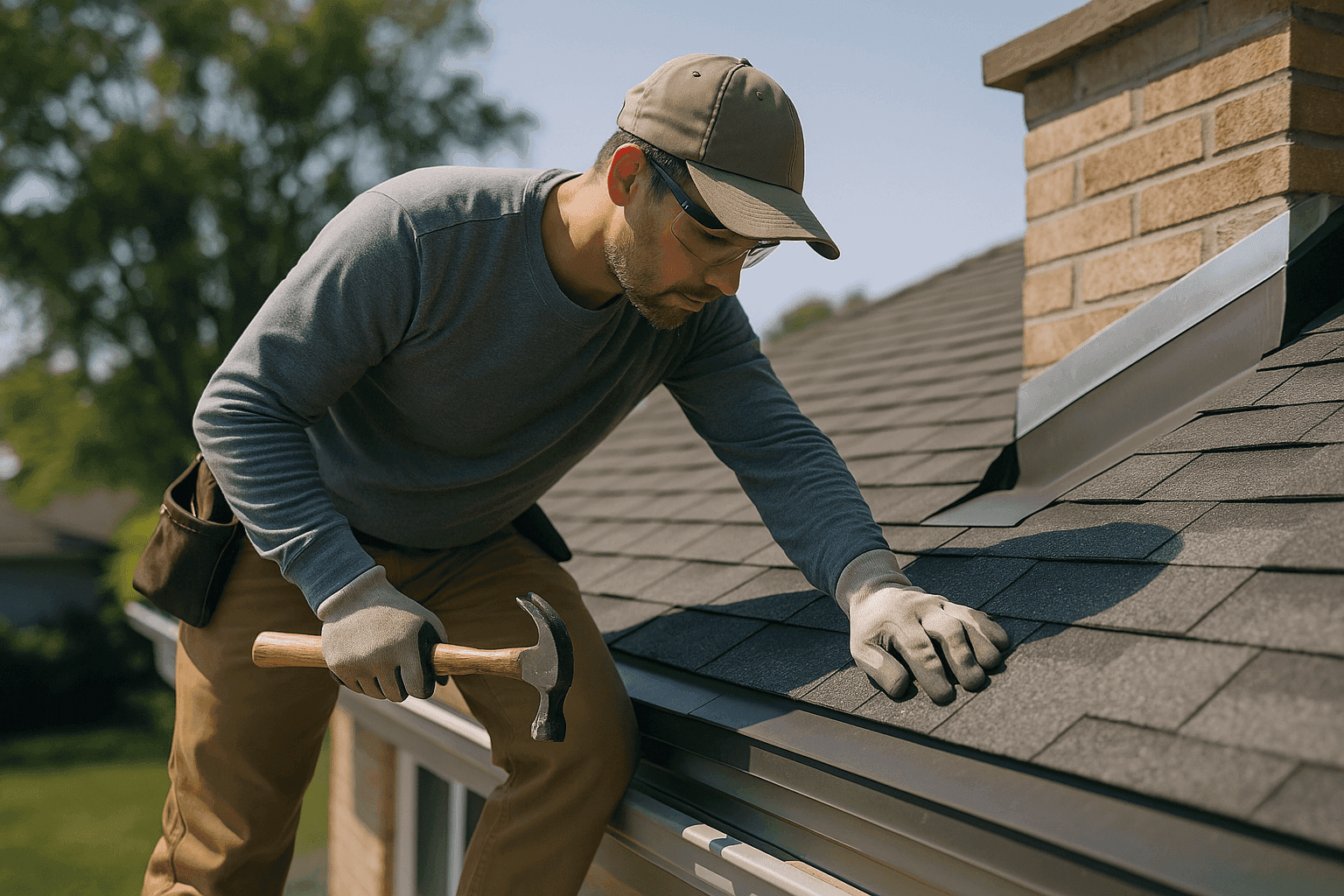 Professional roofer performing roof inspection on residential home