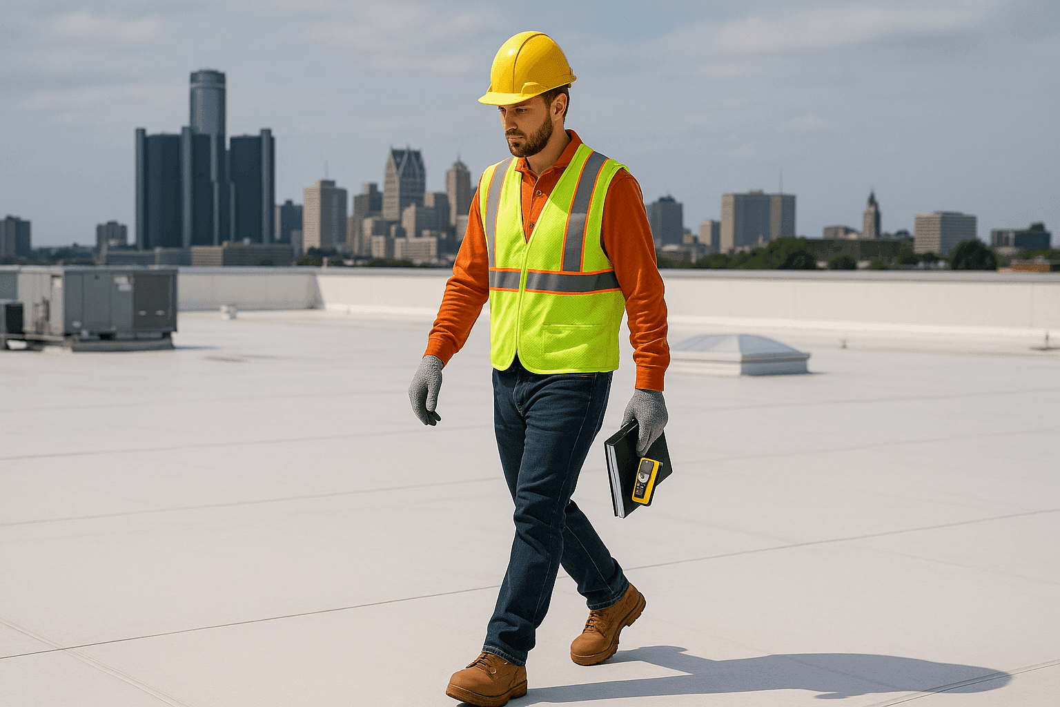 Technician inspecting a commercial flat roof for maintenance
