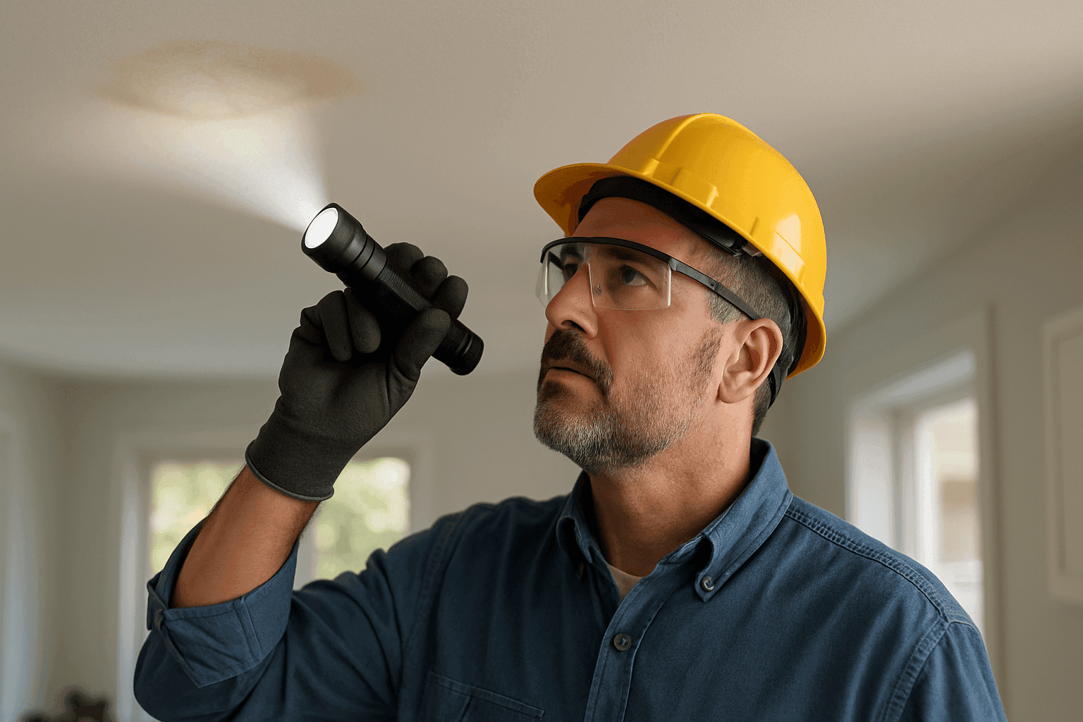 Homeowner inspecting ceiling for water stains under roof