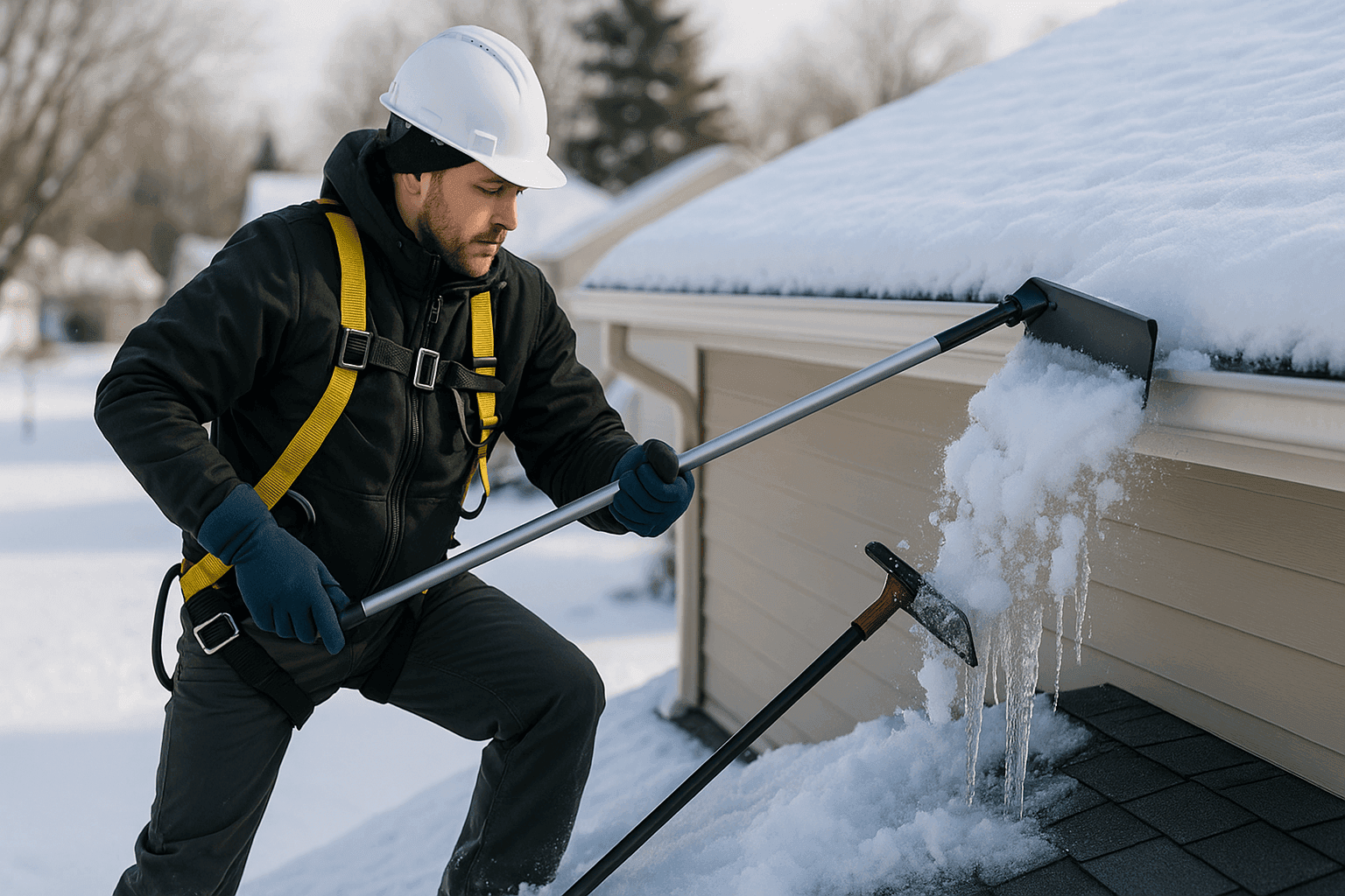 Technician clearing snow and ice from residential roof edge