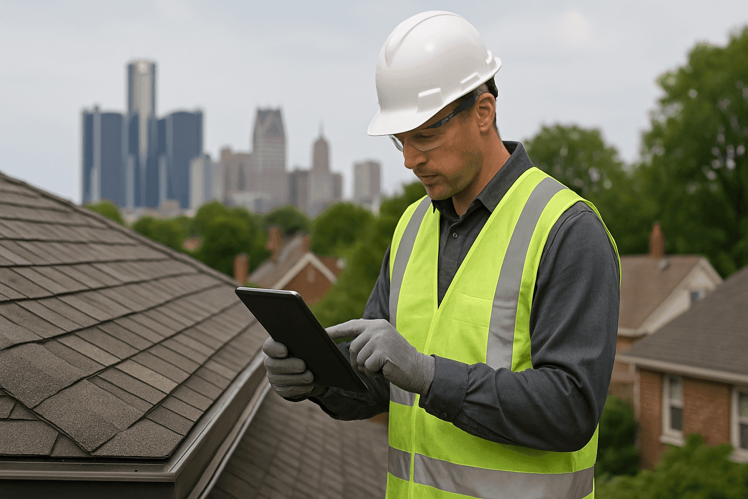 Roofer performing detailed roof inspection with tablet