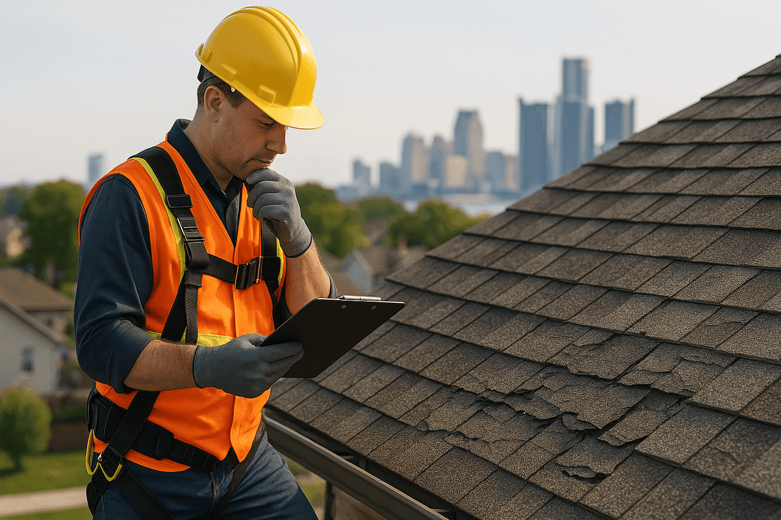 Roofer examining aged shingles on roof, comparing repair and replacement options
