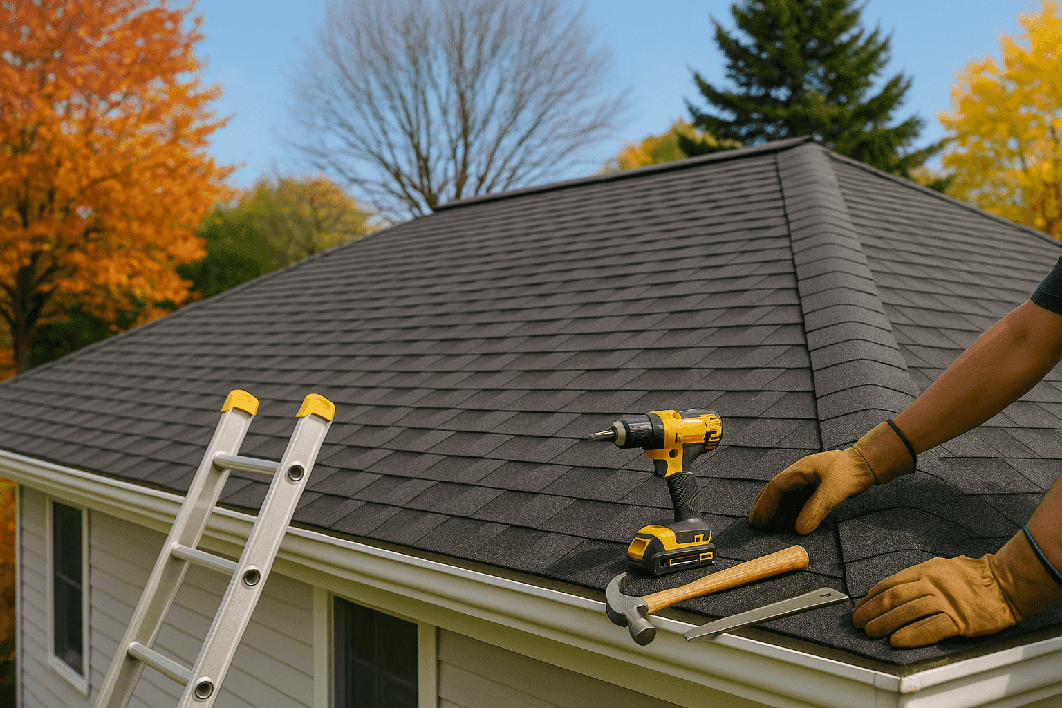 Home roof in good condition with seasonal foliage in background