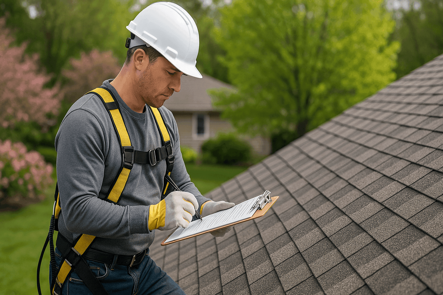 Homeowner inspecting clean roof with maintenance checklist