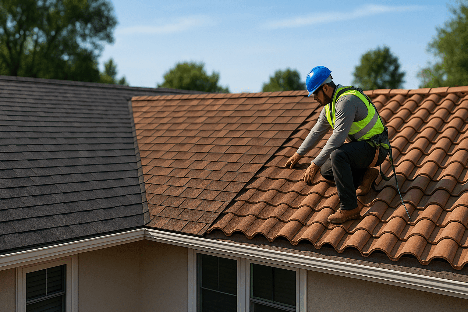 Close-up of different shingle roofing types on a house