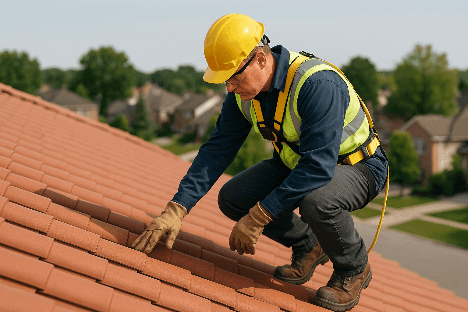 Technician inspecting red clay tile roof for damage