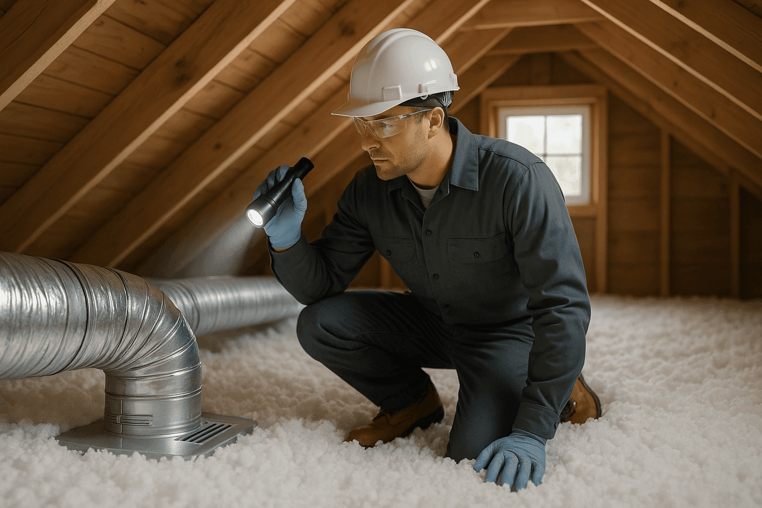 Technician inspecting attic ventilation and insulation